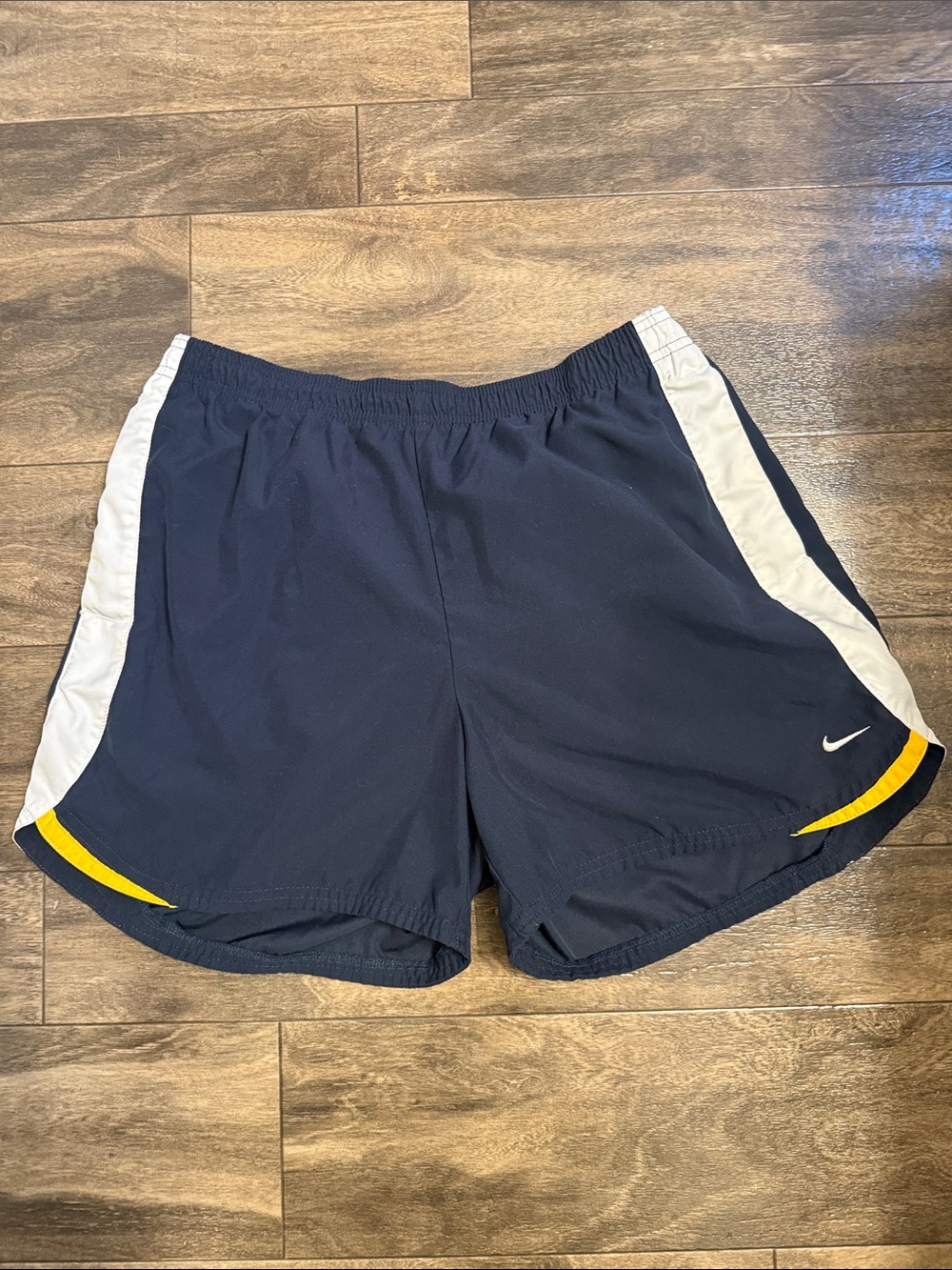 Nike Men’s Navy Athletic Shorts with White Panels and Yellow Accents